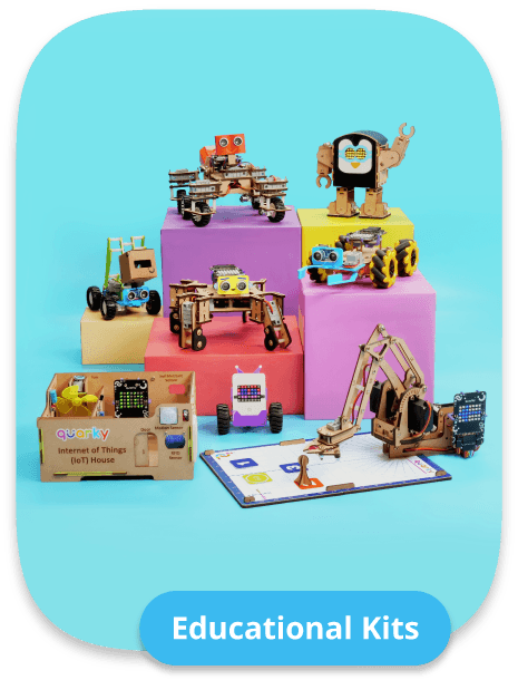 An image of Quarky DIY add on kits with Humanoid Robot, Mars-Rover Robot, Quadruped Robot, IoT House and Robotic Arm