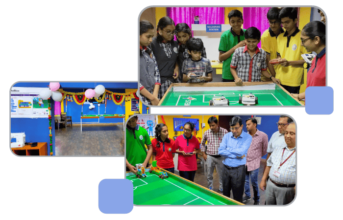 Image of students and the ATL Lab Setup by STEMpedia at KV ONGC which empowers young minds with AI, Coding and Robotics