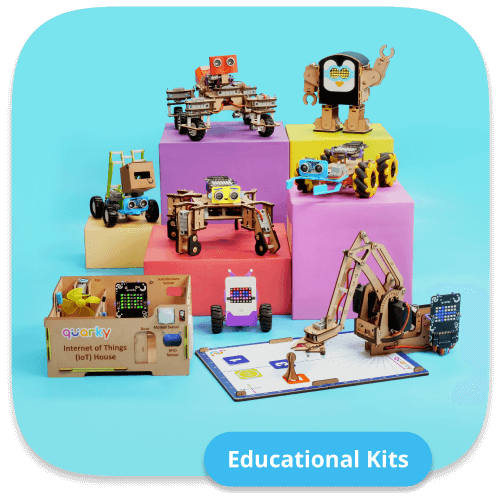 An image showing the Quarky Ecosystem. Quarky is the education AI and Robotics Kits to teach AI, ML, Robotics to students. This image shows multiple add-on kits of Quarky such as Humanoid Robot, IoT House, Robotic Arms, Mars Rover, Quadruped Robot and Gripper Robot